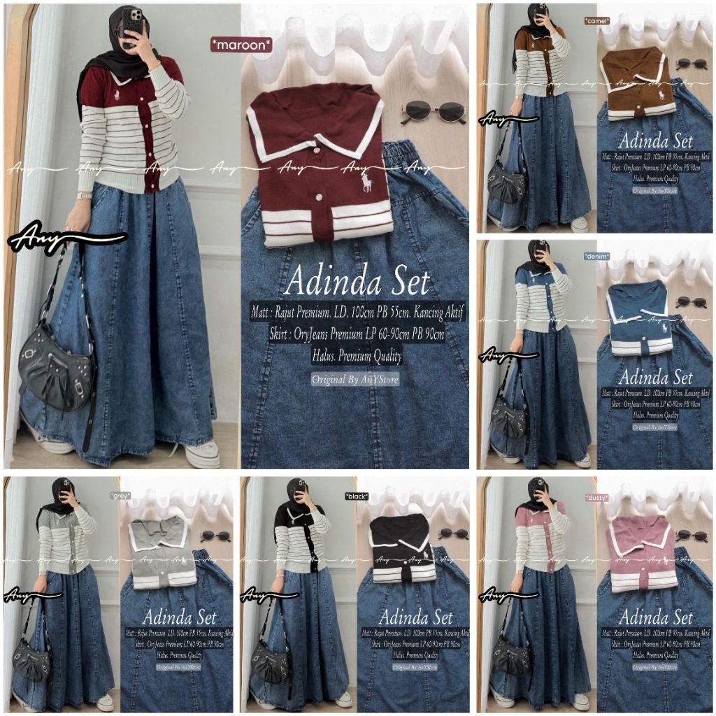 Adinda one set rok jeans by A.N.Y kaos stripe baju kemeja wanita one set wanita kekinian rok panjang