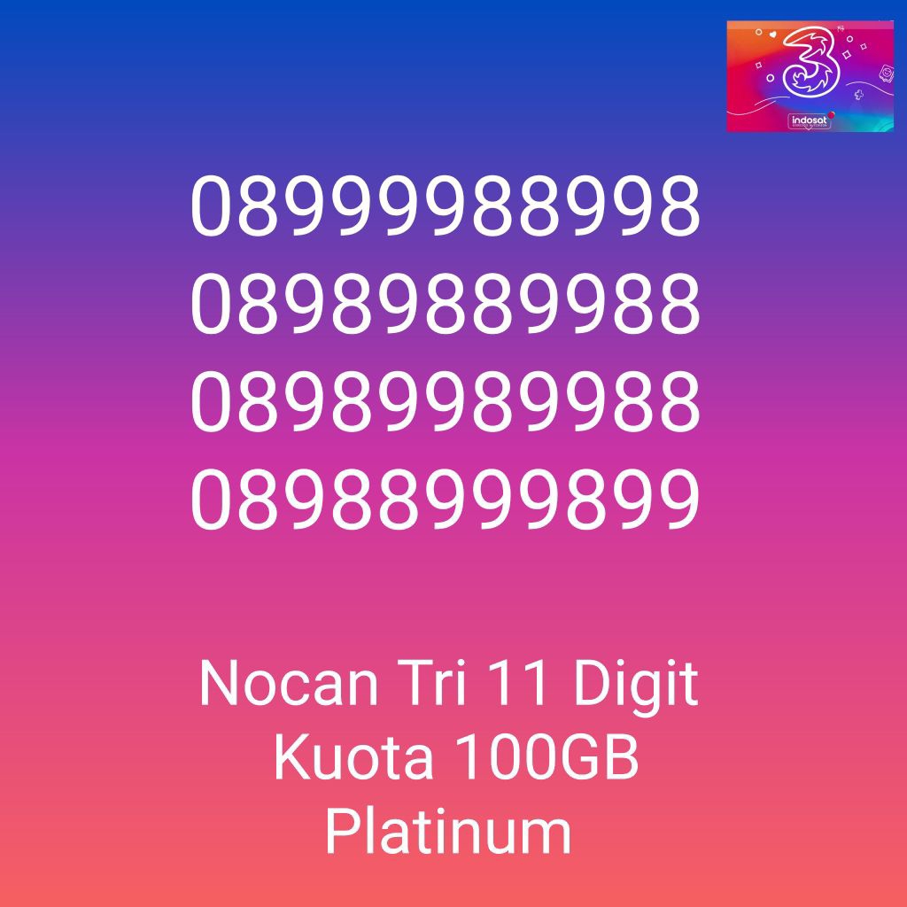 Nomor Cantik Nocan 11 Digit Terdiri Dari Angka 0, 8 & 9 Kartu Perdana Tri Three 4G LTE Kuota 100GB P