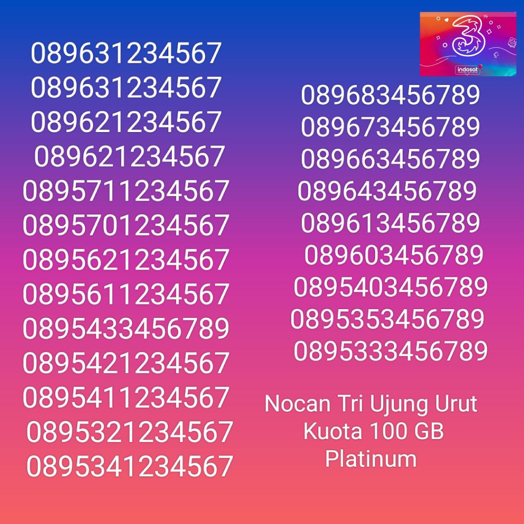 Nomor Cantik Nocan Urut Naik Kartu Perdana Tri Three 4G LTE Kuota 100GB Prabayar Platinum