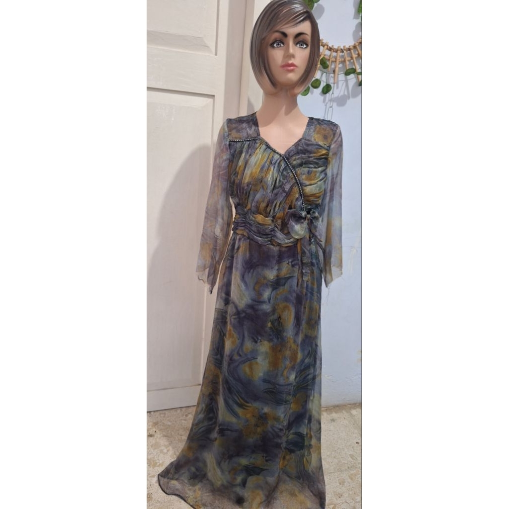 gamis abu abstrak vintage sifon berfuring size remaja dewasa