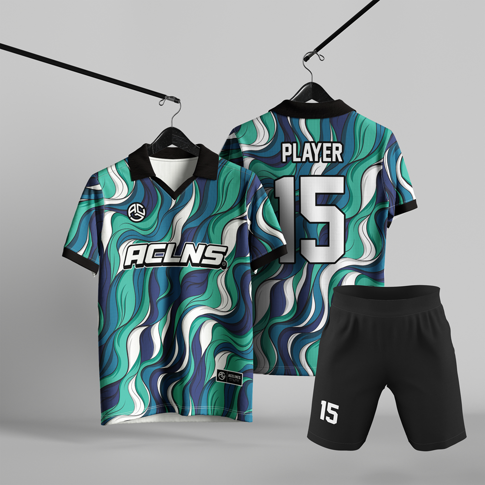 Setelan Jersey Futsal Tim Unisex Motif Gelombang Abstrak Hijau Tosca Berkerah