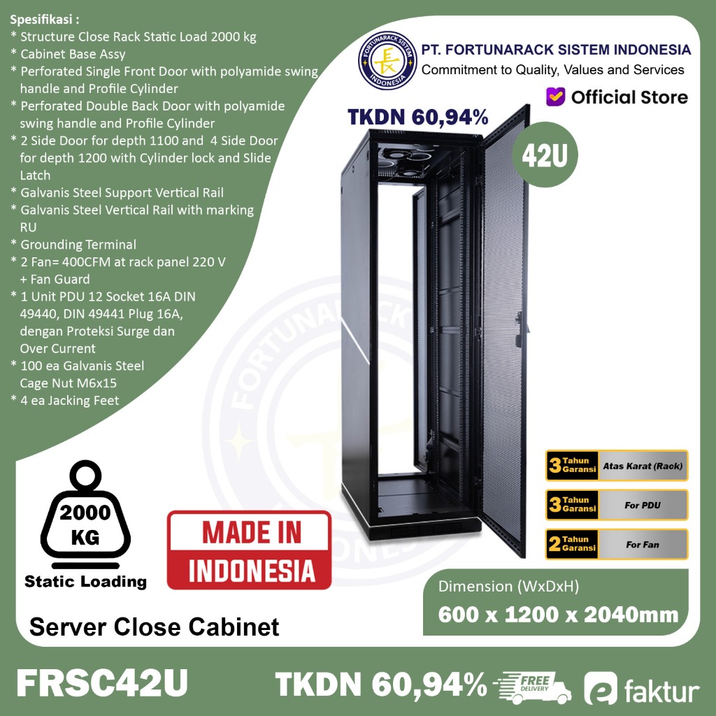 Server Rack Fortunarack Close Cabinet 42U Depth 1200mm TKDN 60,94% (Terakit)