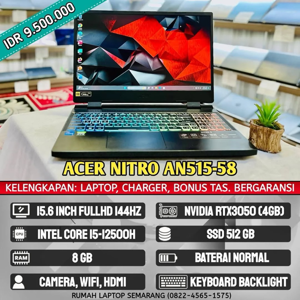Acer Nitro AN515-58 (second). Intel Core i5-12500H. RAM 8 GB. SSD 512 GB. VGA NVIDIA Geforce RTX3050