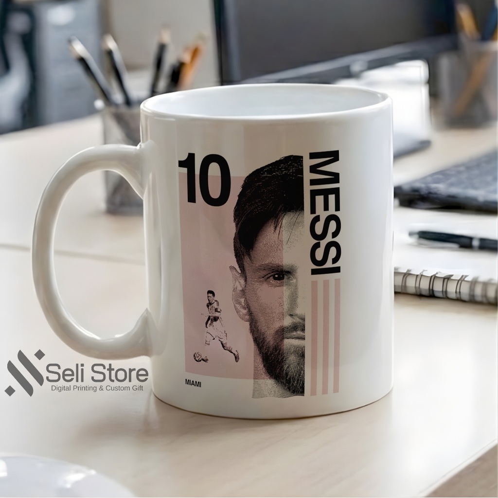 Mug Messi Inter Miami Gelas Lionel Messi Number 10 Face Art Cangkir Keramik Pink Miami Kado Fans Mes