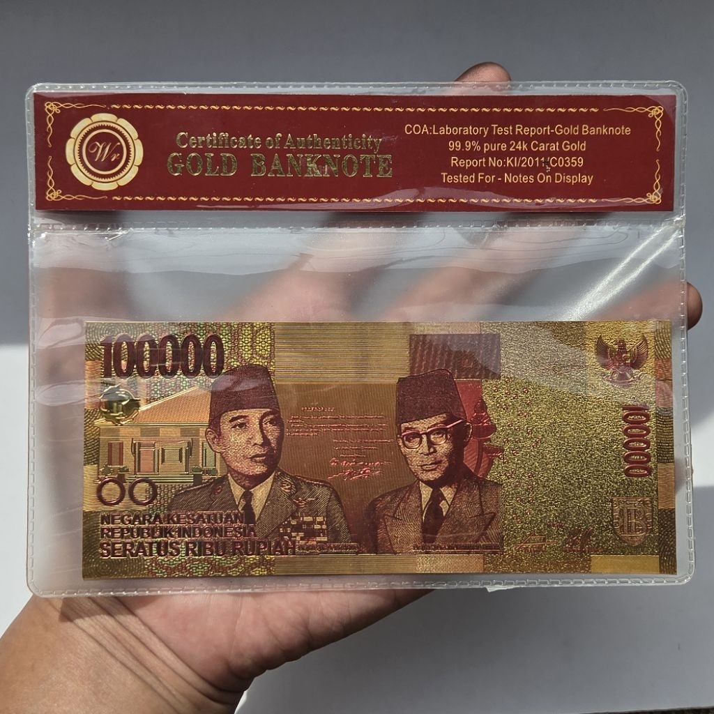 Souvenir Uang Kuno Gold Foil Indonesia 100000 Koleksi Unik