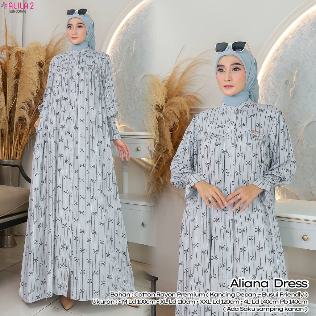 Baju Wanita Aliana Dress Gamis Wanita Katun Rayon Premium LD 100-140cm Size M XL XXL 4L | Baju Musli