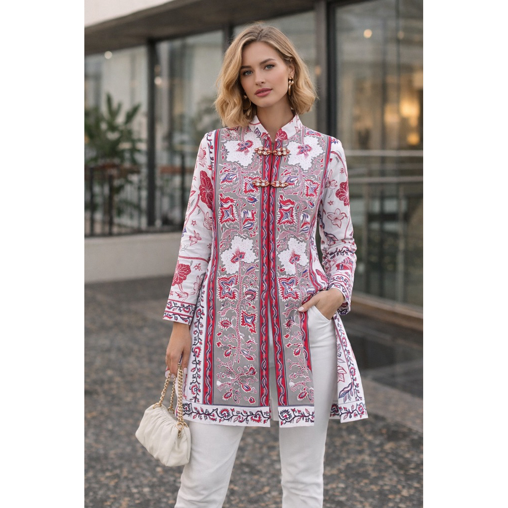 Tunik Batik Wanita Modern Motif TERATAI BELAH SAMPING Bahan Katun Lapisan Trikot Premium Edisi Lebar