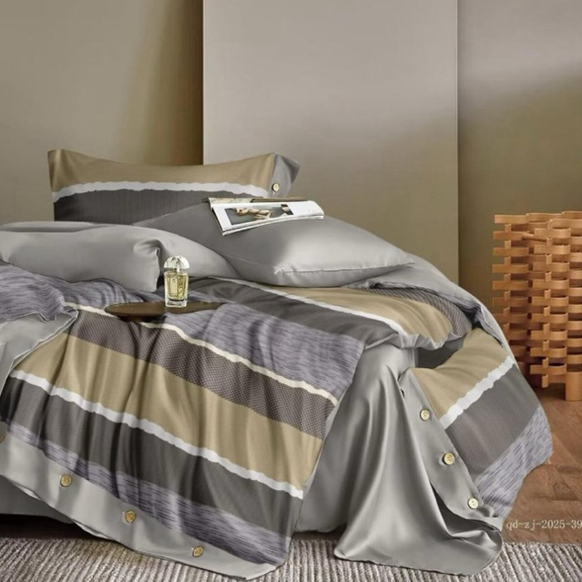 BIOSIBEDDING Sprei Katun Jepang Motif Kotak Garis Coklat Krem Biru Coklat Abstrak Soft Custom King Q