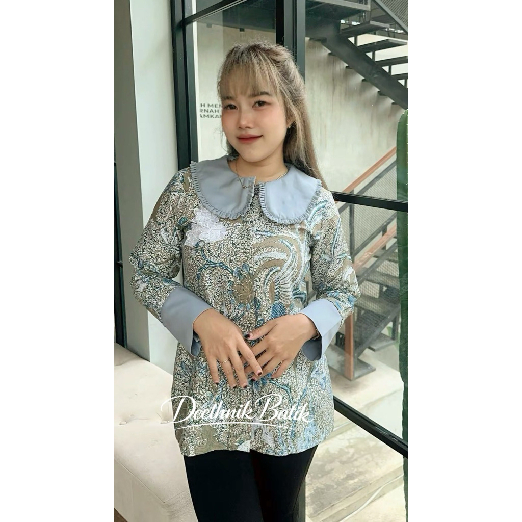 baju batik wanita warna biru abu kancing depan