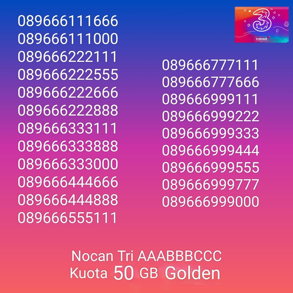 Nocan Nomor Cantik AAABBBCCC Kartu Perdana Tri Three 4G LTE Kuota 50GB Prabayar Golden