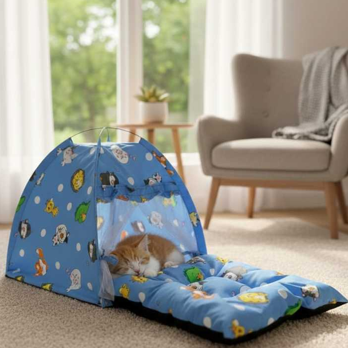 Tenda Kucing Model Tirai Uk 45x45 Bonus Kasur Kokoh Portable Bisa Dicuci