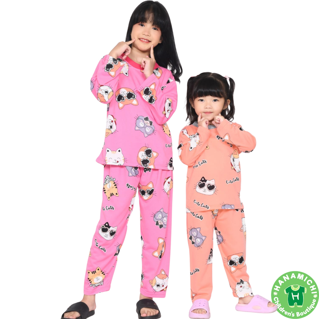 Hanamichi SEAN.PP Setelan Baju Anak Lengan Panjang Motif Kucing
