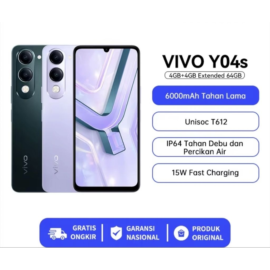 HP Vivo Y04s Ram 4+4GB/64GB - 4+4GB/128GB - hp baterai besar 6000mAh - hp tahan banting - hp tahan h