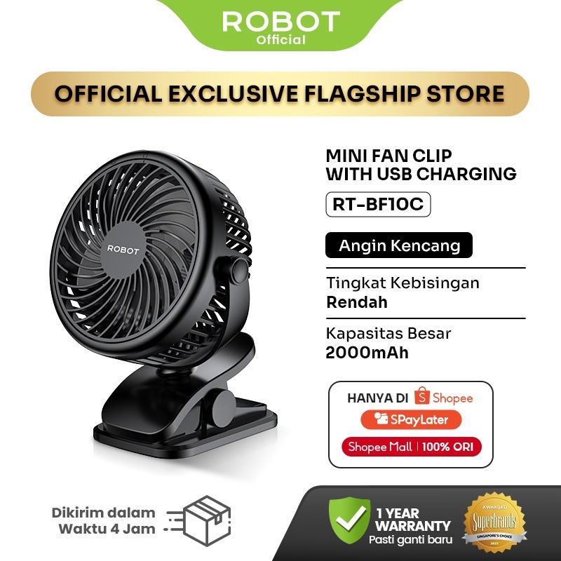 ROBOT Mini Fan Portable Clip 2000mAh Kipas Angin Mini 3 Speed Low Noise 720° Rotation RT-BF10C Origi