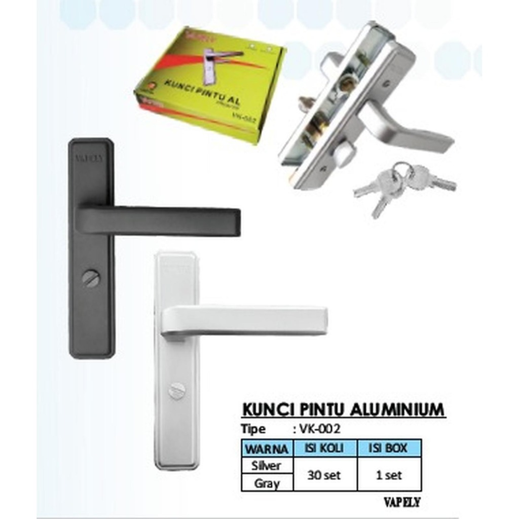 VK002 HANDLE VAPELY ALUMUNIUM // HANDLE KUNCI PINTU KAMAR MANDI ABU SILVER VAPELY