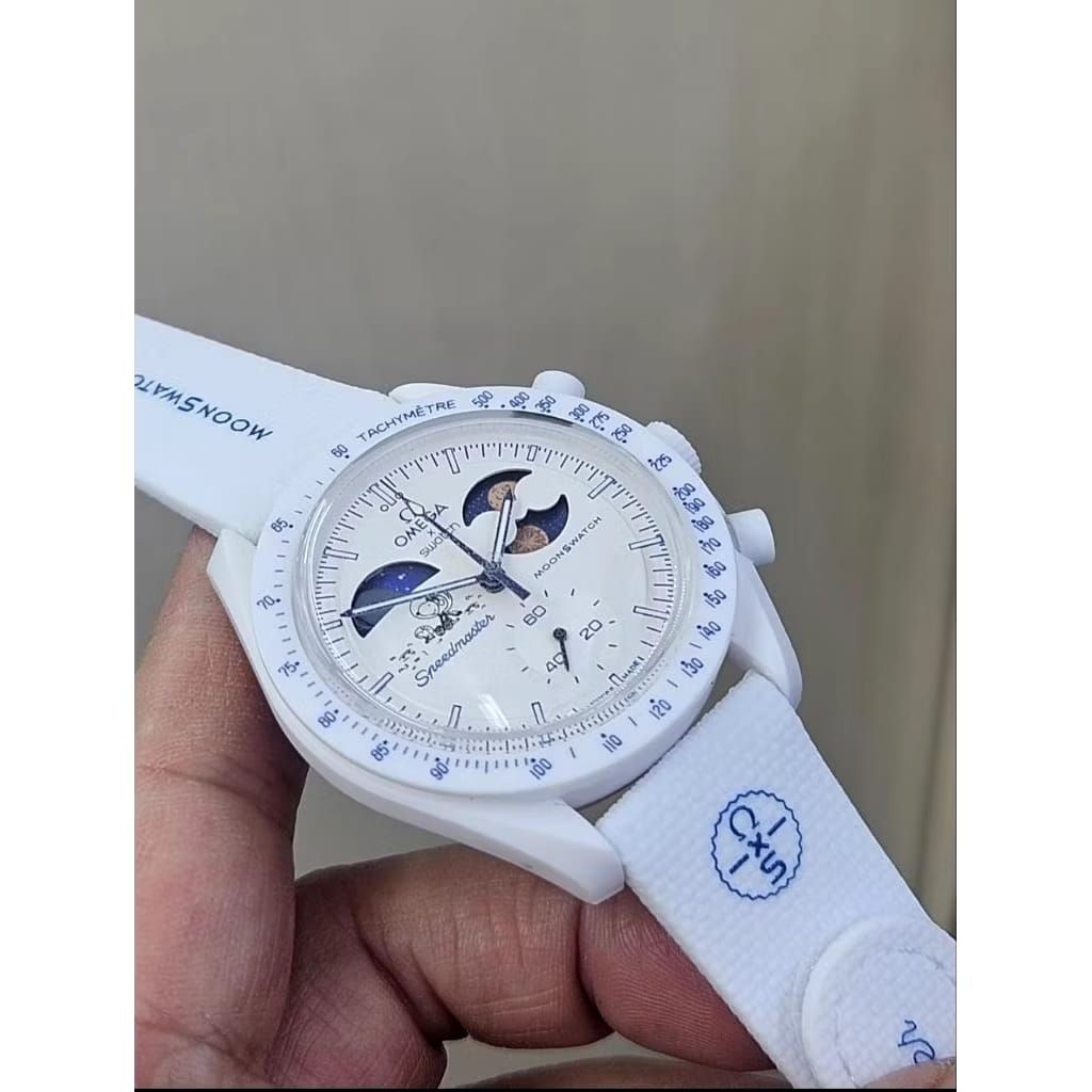 JAM TANGAN OMG X SWATCH SNOOPY WHITE BIOCERAMIC CLONE 1:1 FULLSET