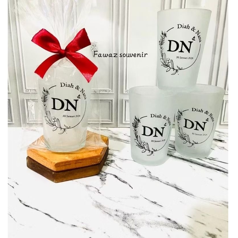 Souvenir pernikahan gelas doff / dof / dove plus cetak sablon custom, gelas kaca doff 250ml free cet