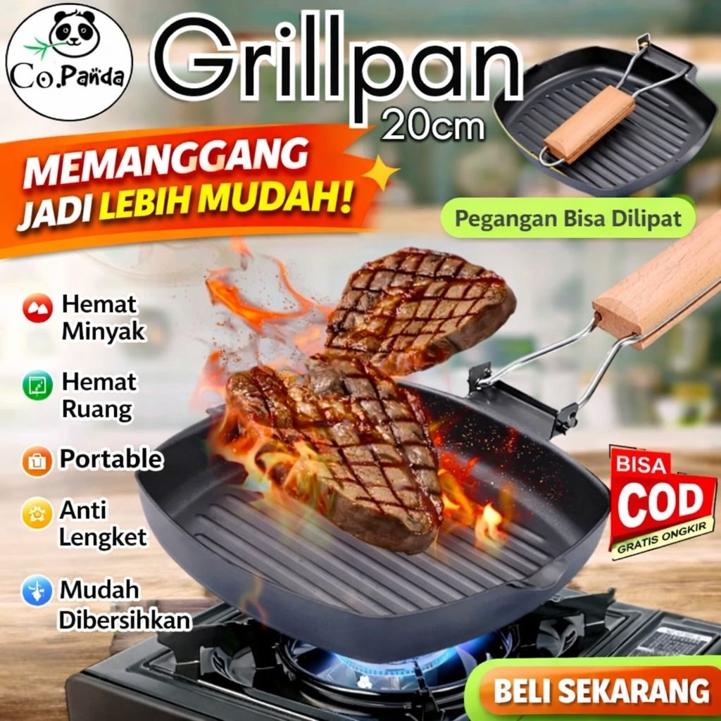 Grillpan Anti Lengket Teflon Lipat Panggangan Square Bakar Sate Daging Alat Penggorengan Telur Sosis