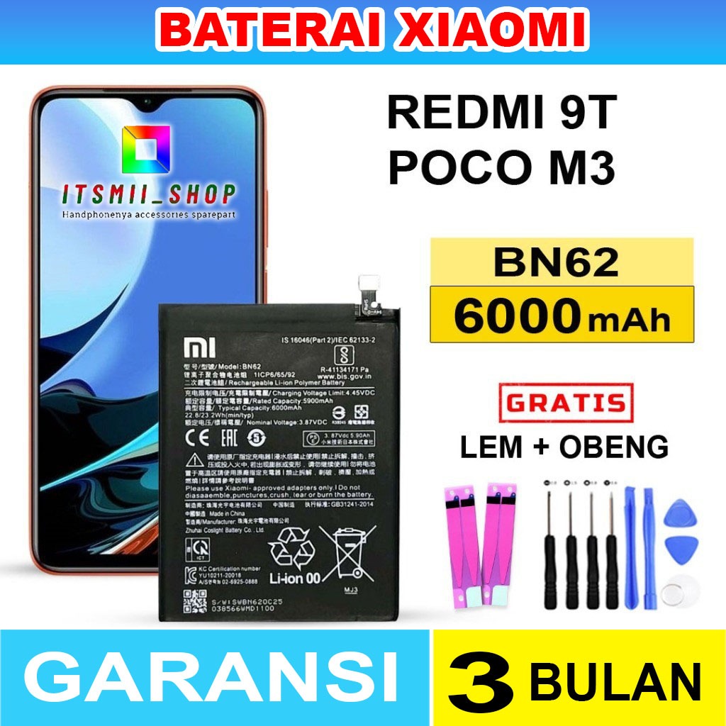 Batre Xiaomi Redmi 9T BN 62 Poco m3 6000 MAH Batre Xiaumi BN62 Redmi 9T Battery Batre