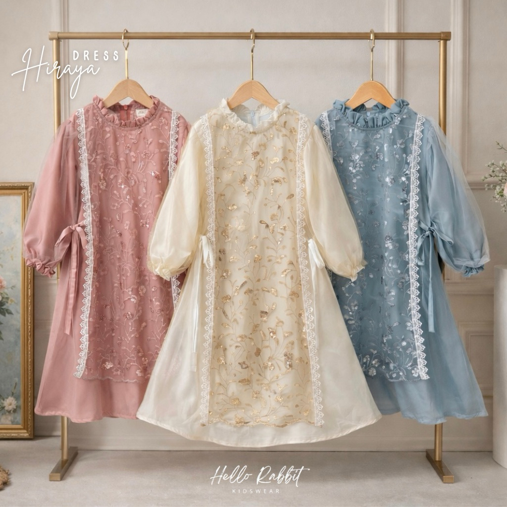 HelloRabbit - Hiraya Dress Couple Longdress Ibu dan Anak Satin Premium mix Tile Bordir Premium Gamis