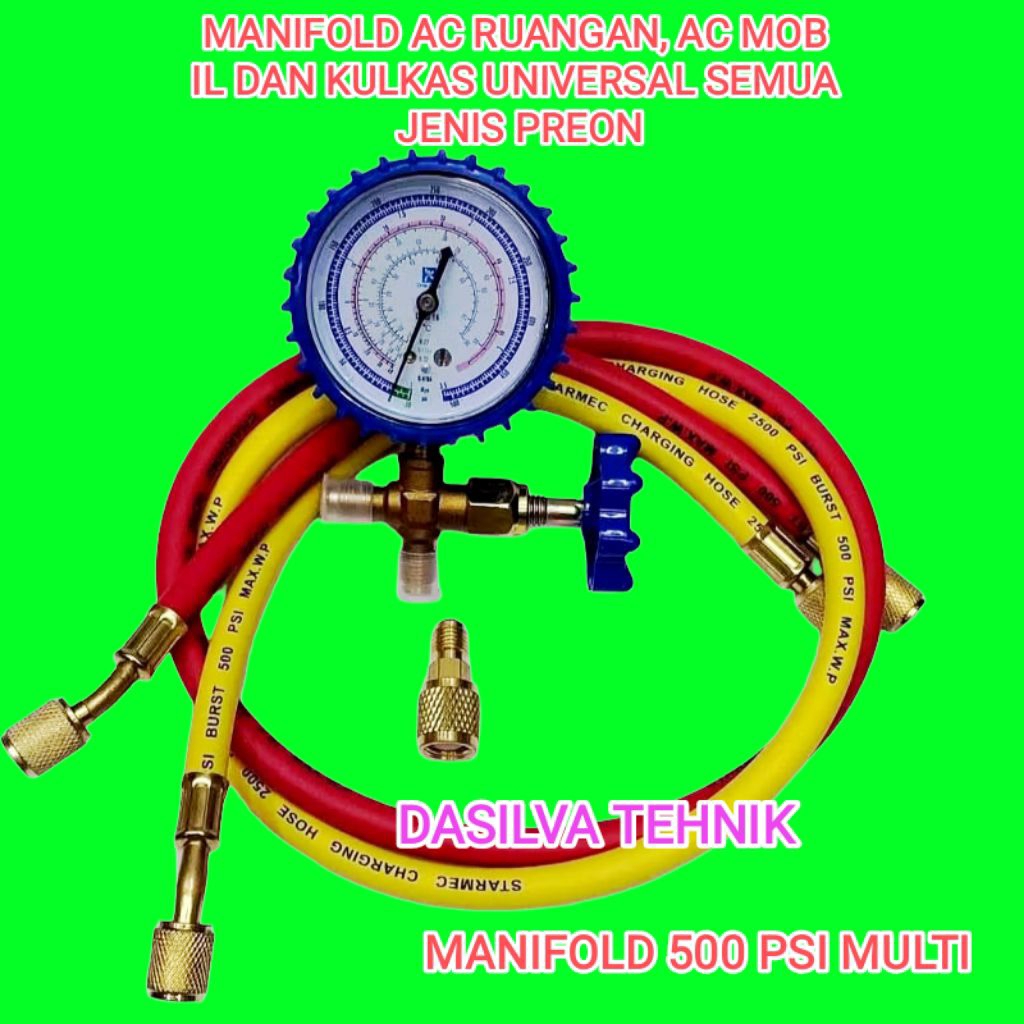 SATU SET MANIFOLD AC DAN KULKAS MULTI  500 PSI UNTUK REFRIGERANT R32, R410, R22, R134, R600, R404, R