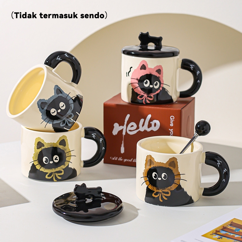 Mug Keramik Kucing Lucu 300ml + Tutup 3D | Cangkir Kopi Teh Unik | Kado Estetik Best Seller