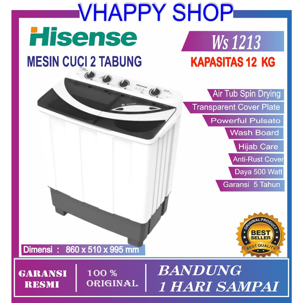 Hisense Mesin Cuci WSHS1213UB Top Loading Twintube Kapasitas 12KG 2 Tabung Bukaan Atas Pelat Penutup