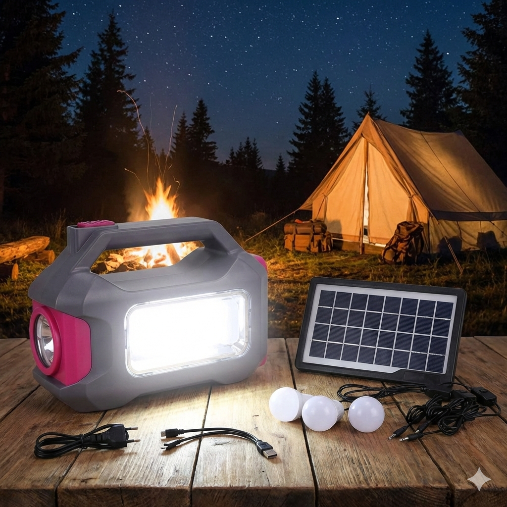 AOKI Lampu Emergency Solar Panel Kit Portable - Paket Lampu Camping 3 LED Bohlam 160 Lumen & USB Cha