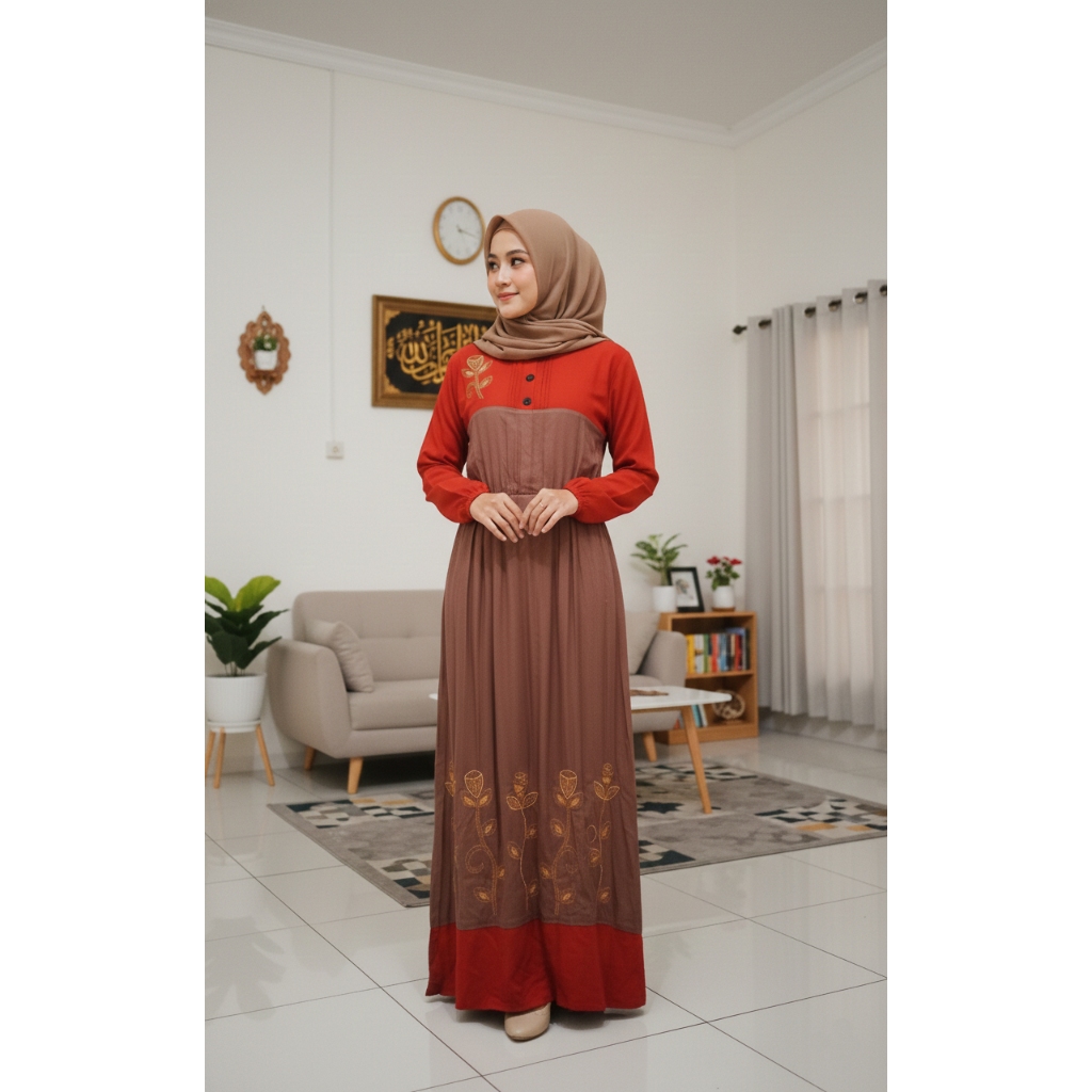 Gamis Katun Merah Kombinasi Motif Bordir