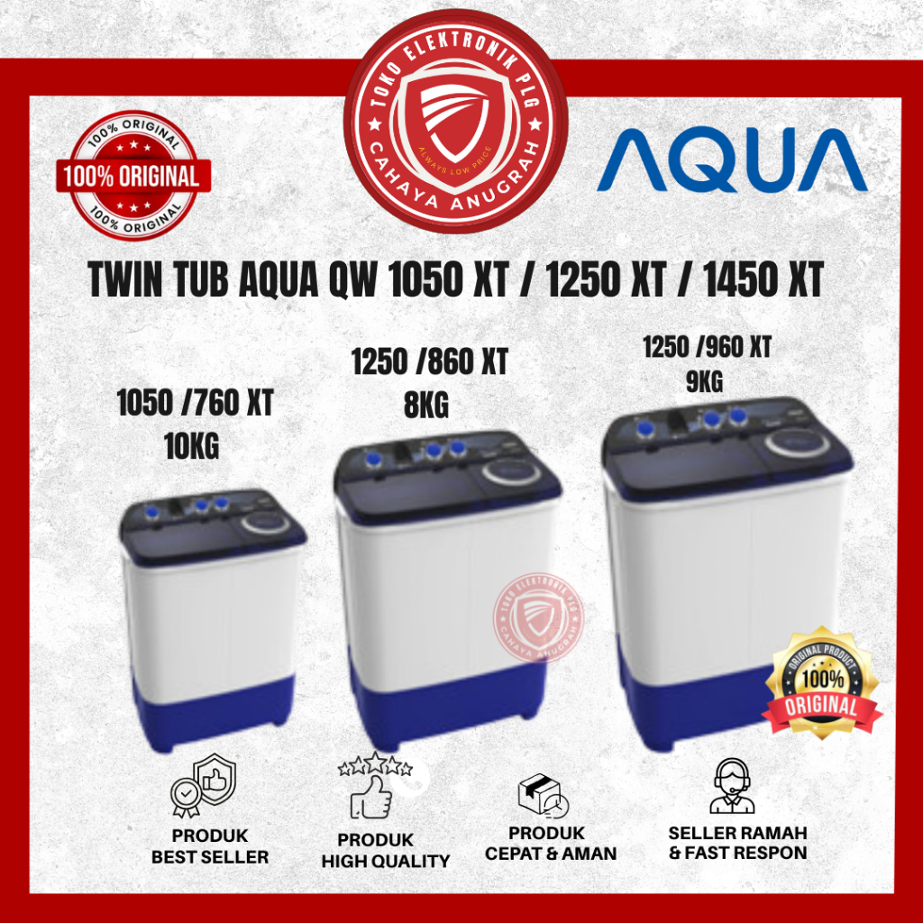 Mesin Cuci Aqua 2 Tabung 10KG, 12KG, 14KG - 1050XT/1250XT/1450XT Tutup Transparant Aqua Garansi