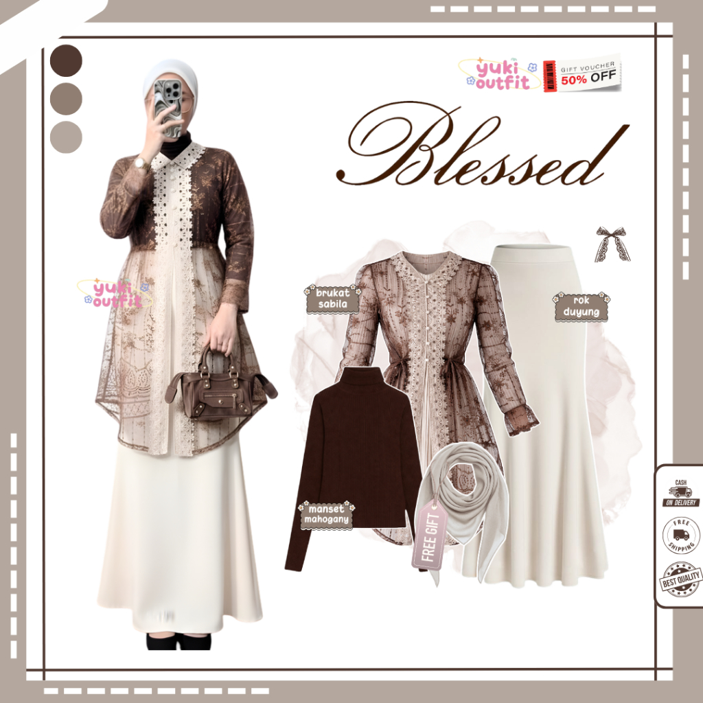 Oneset Tunik Brukat Kondangan ( Hijab Bella Square + Nabila Tunik Brukat + Rok Duyung Cream ) 3In1 O