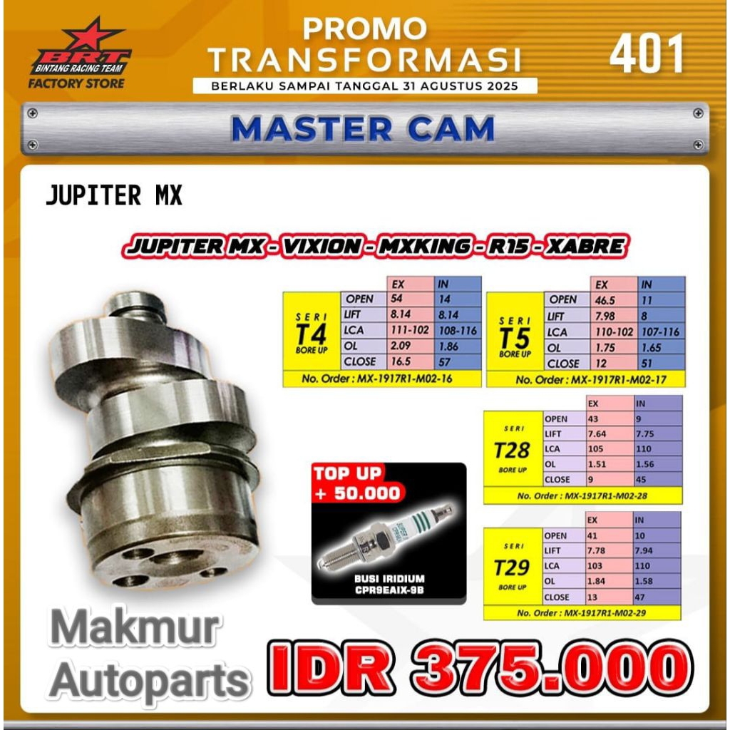 MASTER CAM NOKEN AS BRT JUPITER MX VIXION MX KING R15 XABRE(BINTANG RACING TEAM