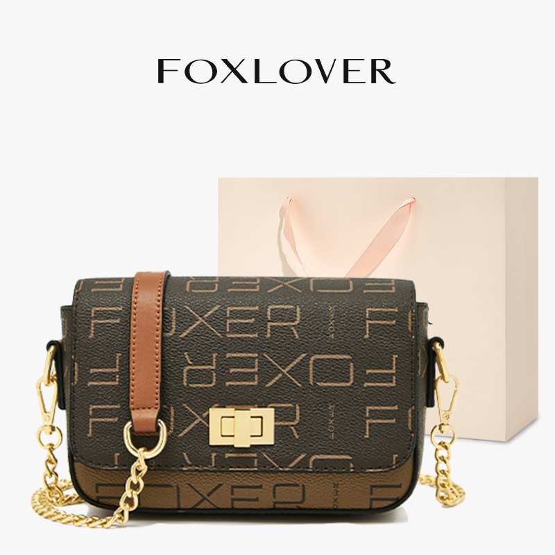 FOXLOVER Tas selempang wanita  Elegan Tas rantai  Vintage Desain Tas persegi kecil Cokelat Putih