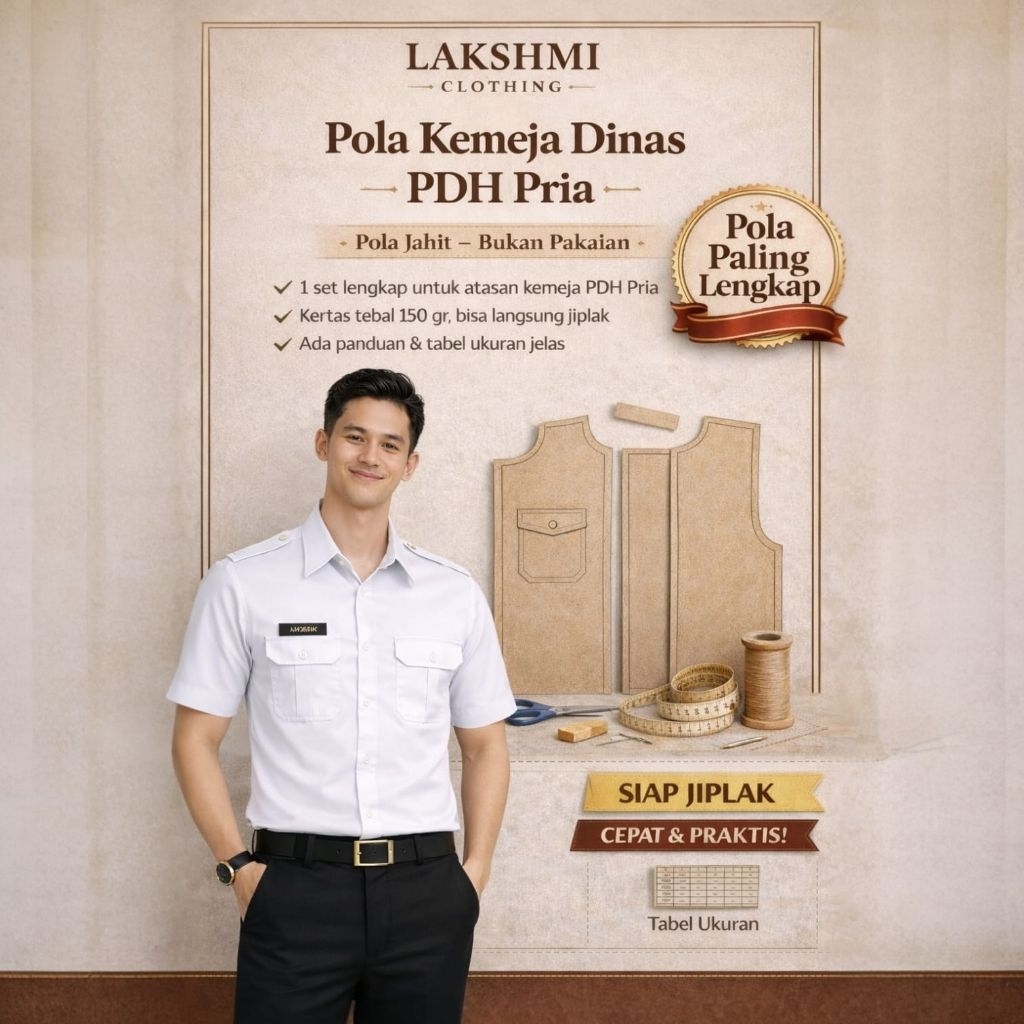 Pola Jahit Kemeja Dinas PDH Pria Lengan Pendek S M L XL XXL