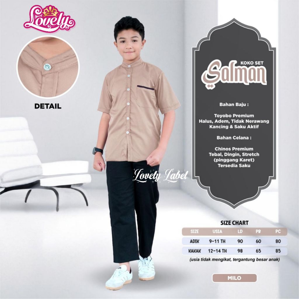 Setelan Baju Muslim Anak Lelaki Salman Koko Set bahan katun adem