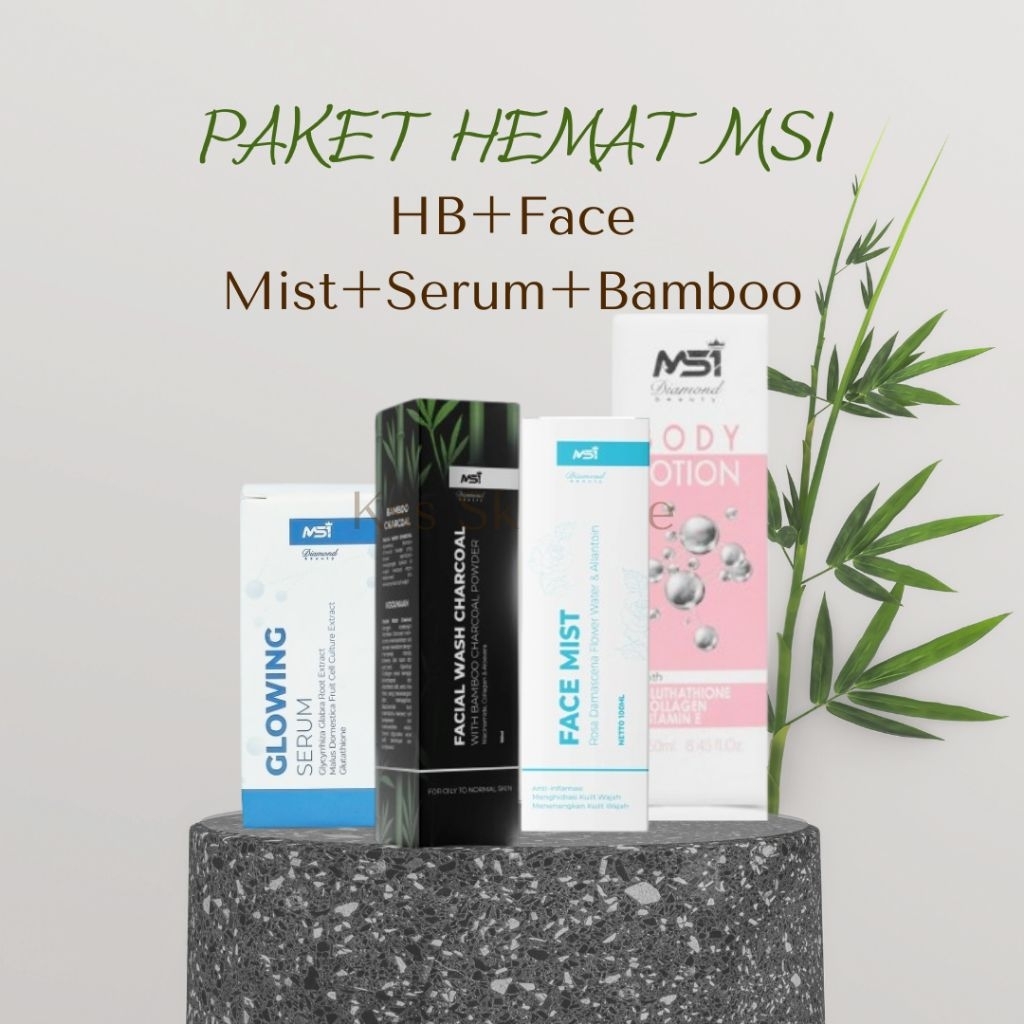 Paket Hemat MSI Diamond Beauty Face Mist + Glowing Serum + Bamboo Charcoal Facial Wash + Body Lotion