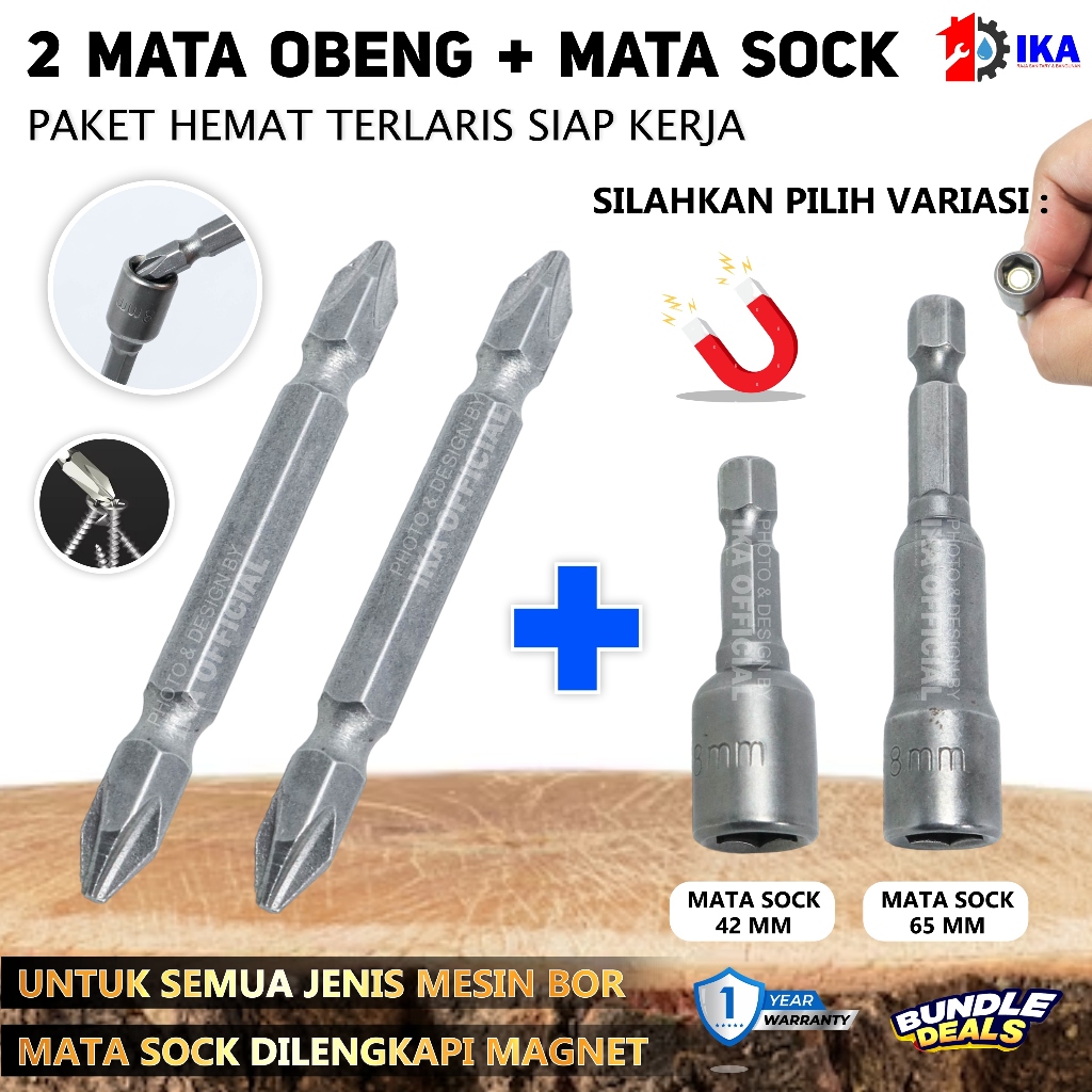 Paket Mata Obeng Magnet 2Pcs + 1Pcs Mata Sok Roofing / Mata Obeng Bolak Balik PH2 / Obeng Angin / Ma