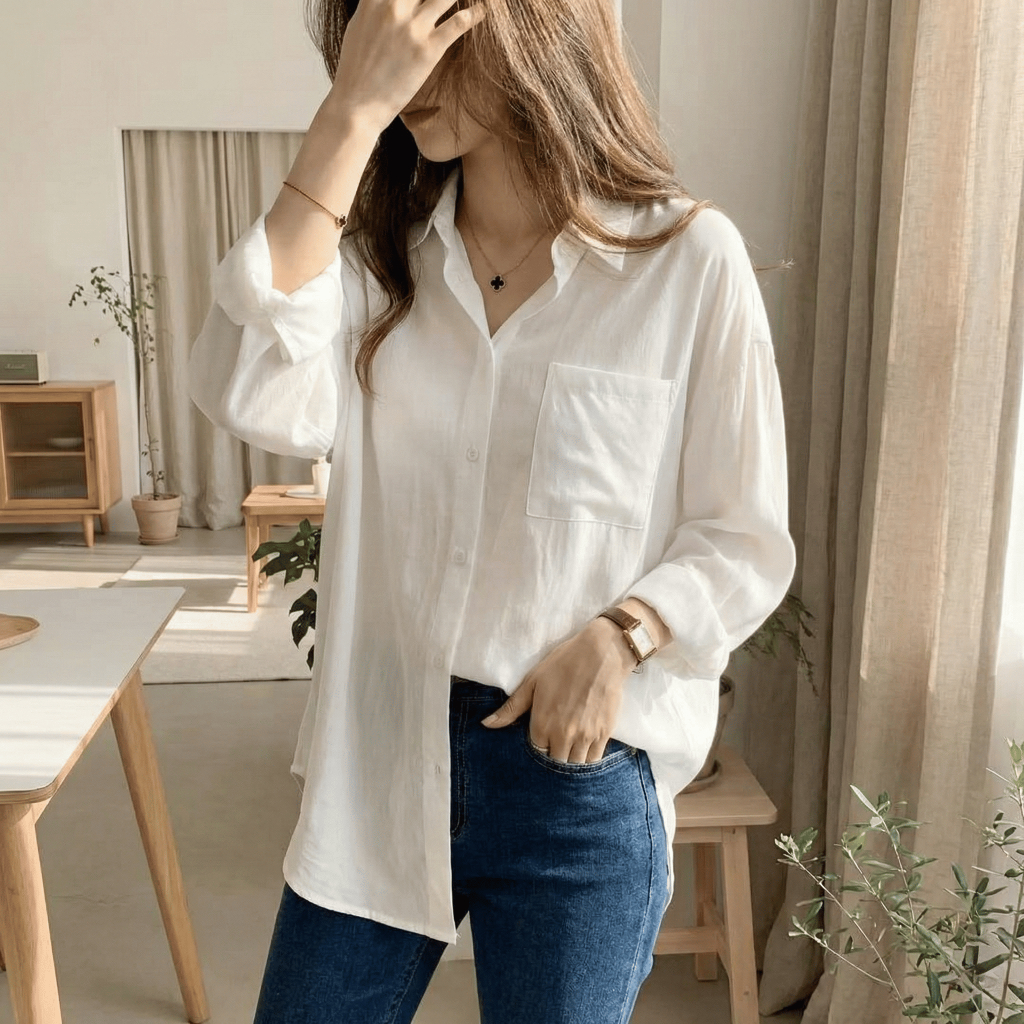 Kemeja Wanita Kekinian Korean Style YL Kemeja Warna Putih Lengan Panjang 906# Ukuran S M L XL XXL Ba