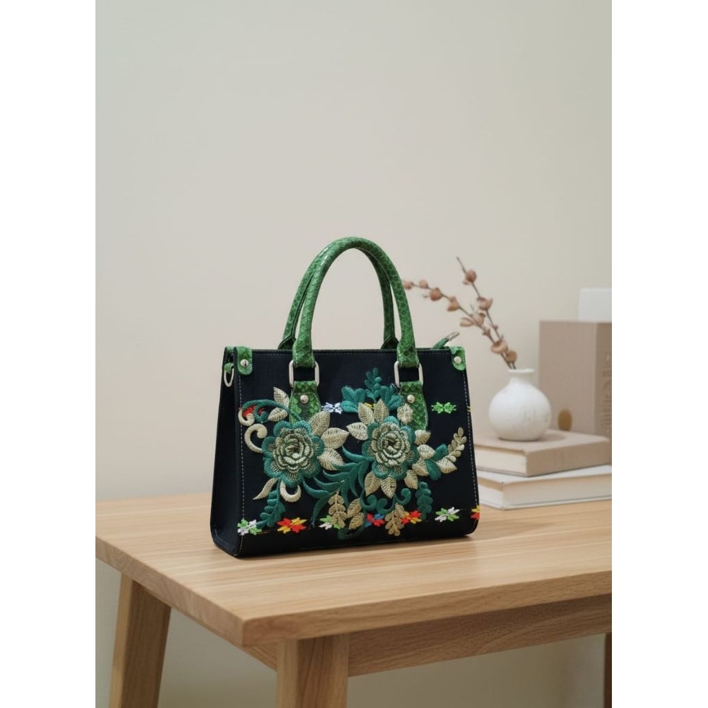 Tas Tangan Bordir Bunga Elegan Wanita Kulit Ular Asli Premium