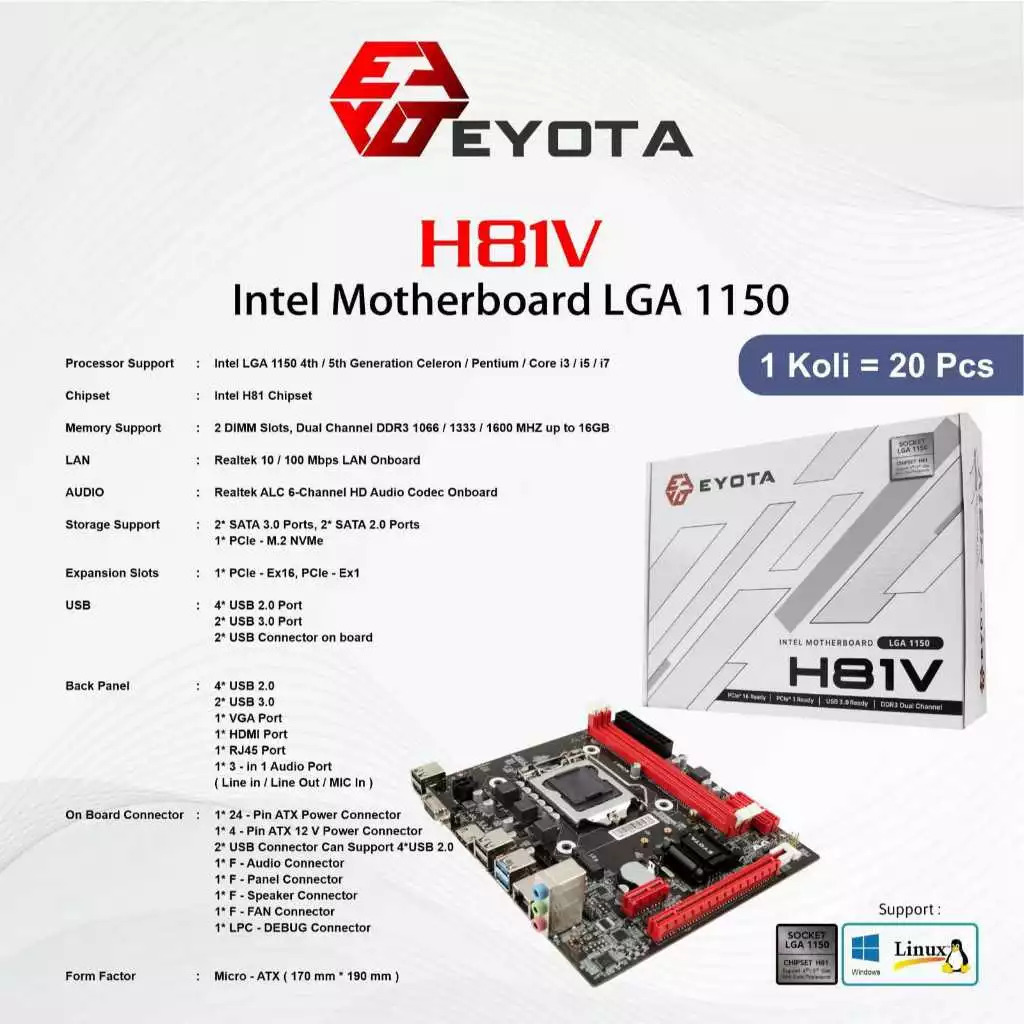 EYOTA MOTHERBOARD LGA 1150-H81V NVME KOMPUTER DESKTOP LAPTOP