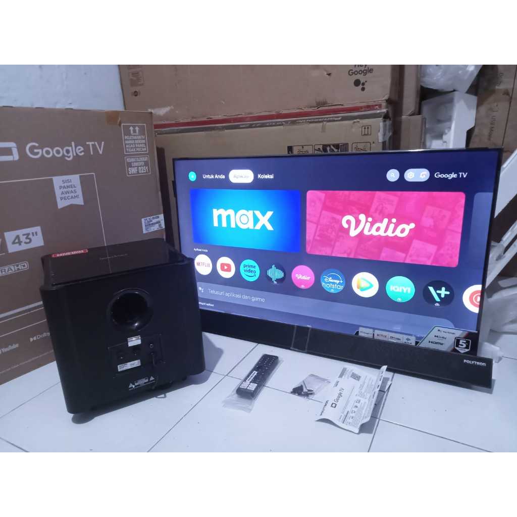 TV LED Polytron Soundbaar 43 inci 4K UHD Google TV YouTube Digital TV Kondisi bekas pemakaian 6458F