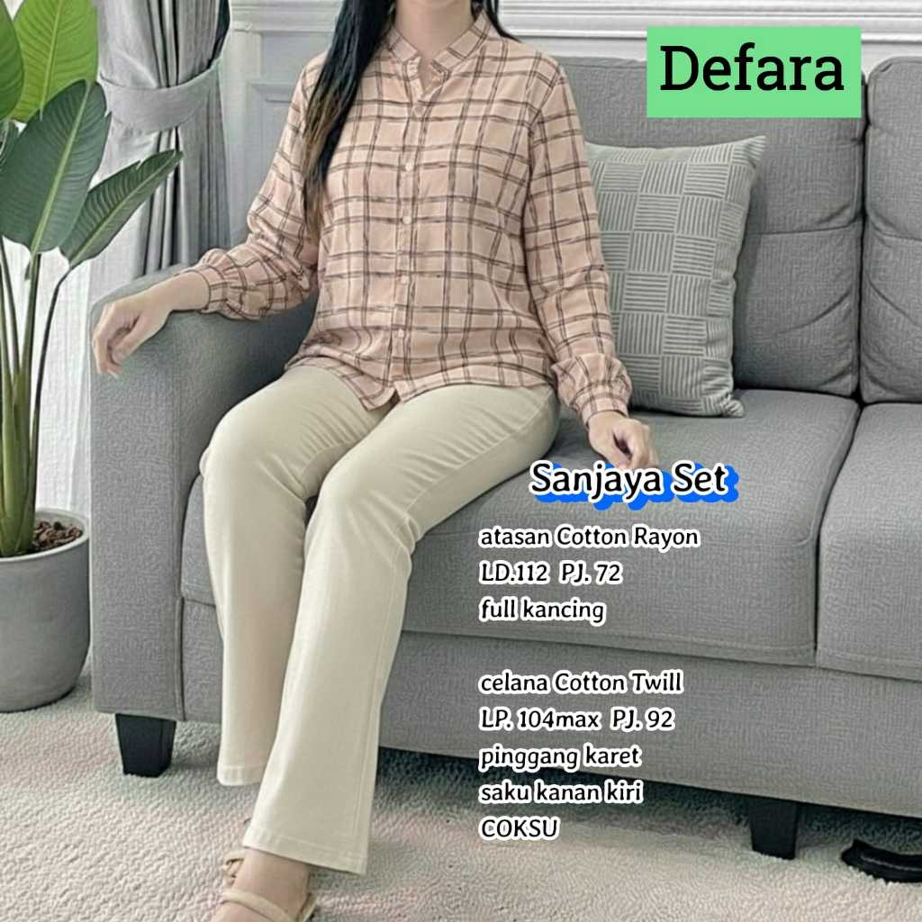 Sanjaya Setelan Baju Celana Panjang Wanita Original Defara Cotton Rayon Twill Motif Kotak Kotak Tuni