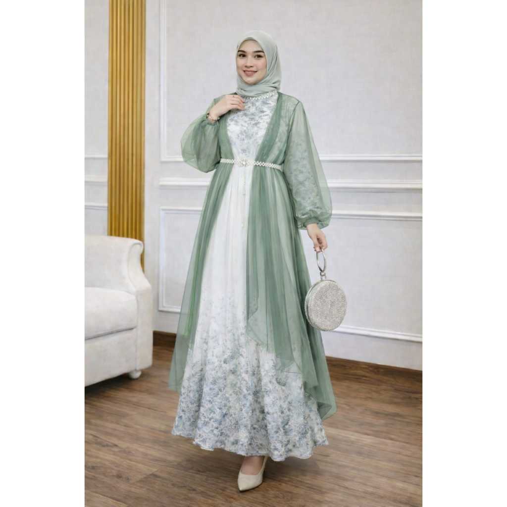 Juleashop Gamis Rompi Lepas Pasang Skay /Gamis Bini Orang Plus Blazzer Tile Rinjani Motif Bunga