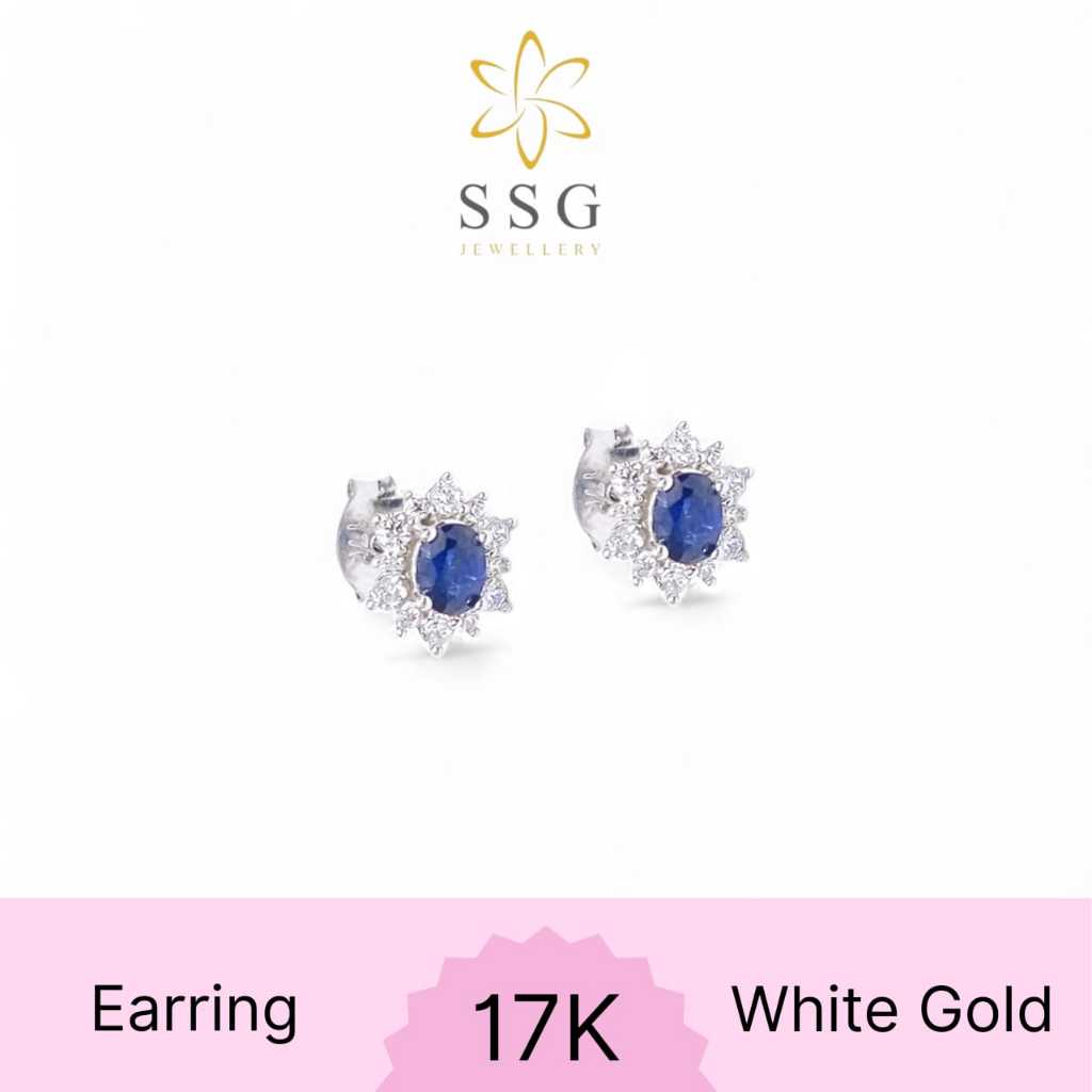Anting Tindik Oval Fashion Permata Biru - White Gold / Emas Putih 17K - SSG Jewellery