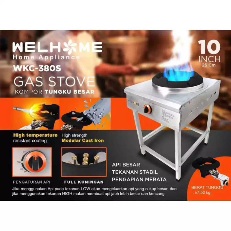 Welhome Kompor Gas 1 Tungku Api Besar Tekanan Tinggi WKC-380S & WKC-350S Besi Cor Kuat Full Kuningan