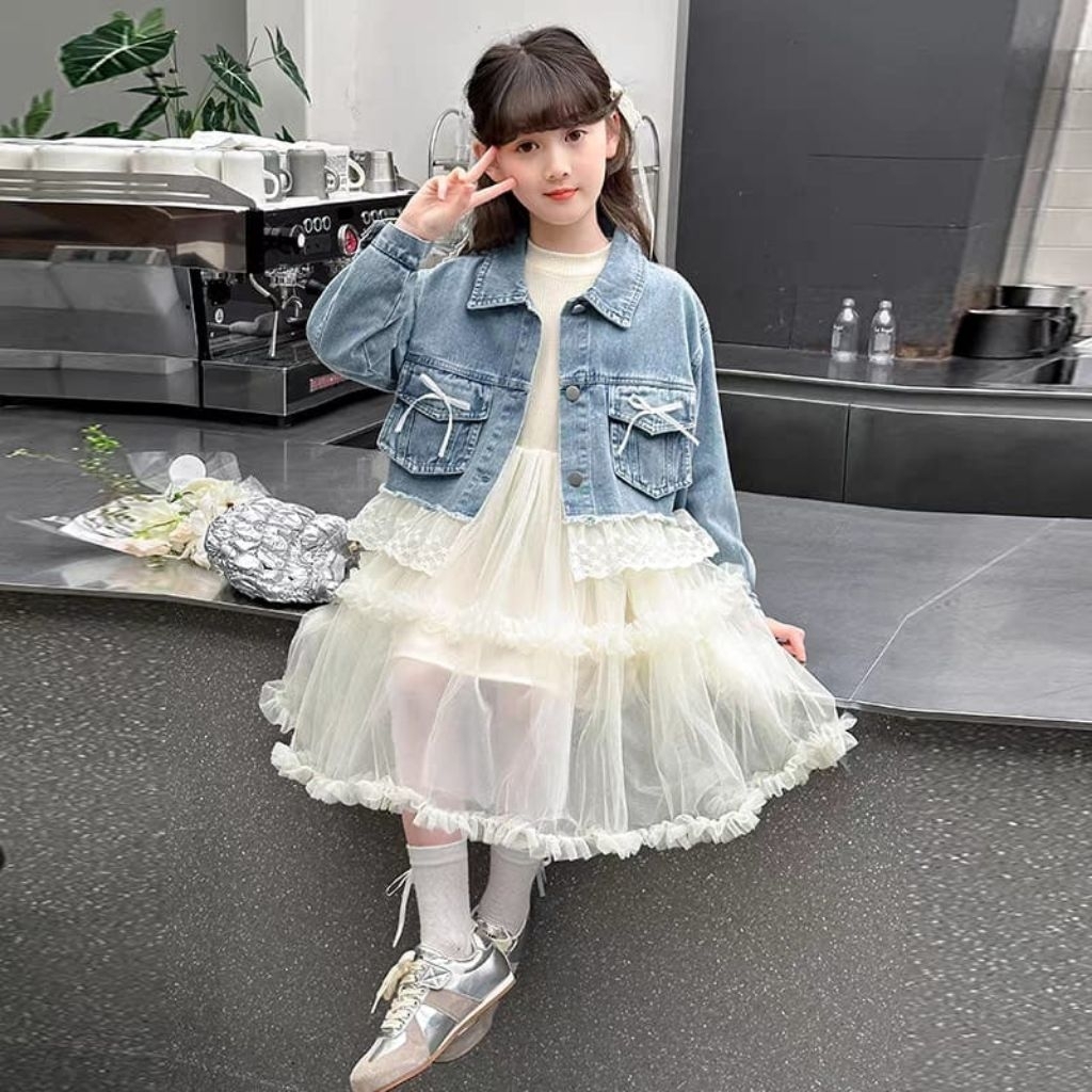 Dress 2in1 Rompi Denim lengan panjang/Dress Mini Warna Putih/ Dress Anak Tutu