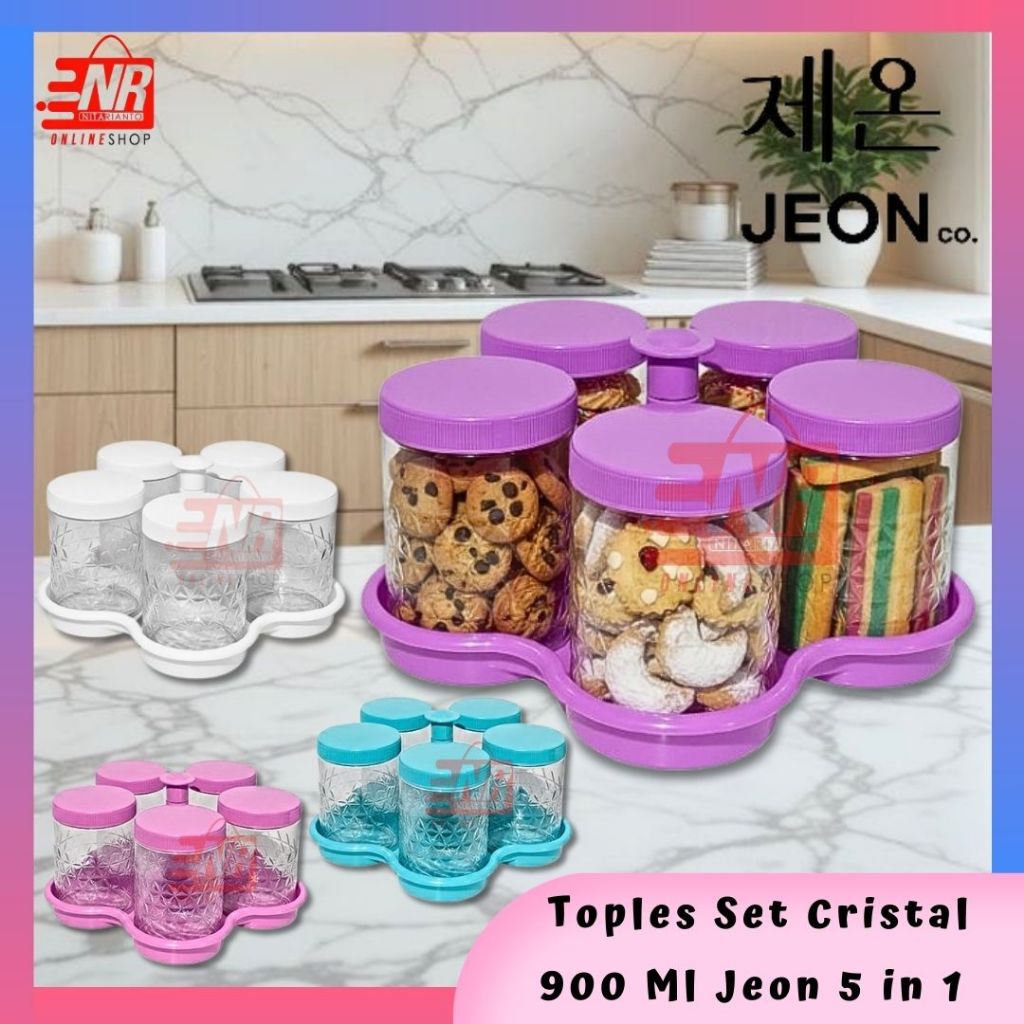 Toples Plastik Set Nampan Crystal Jeon 900 ML Food Grade Kedap Udara 5 in 1 Warna Pink Ungu Biru Put