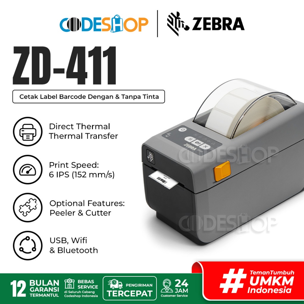 Zebra ZD411 Printer Stiker Label Gelang Wristband Etiket Farmasi Direct Thermal Transfer 203 dpi USB