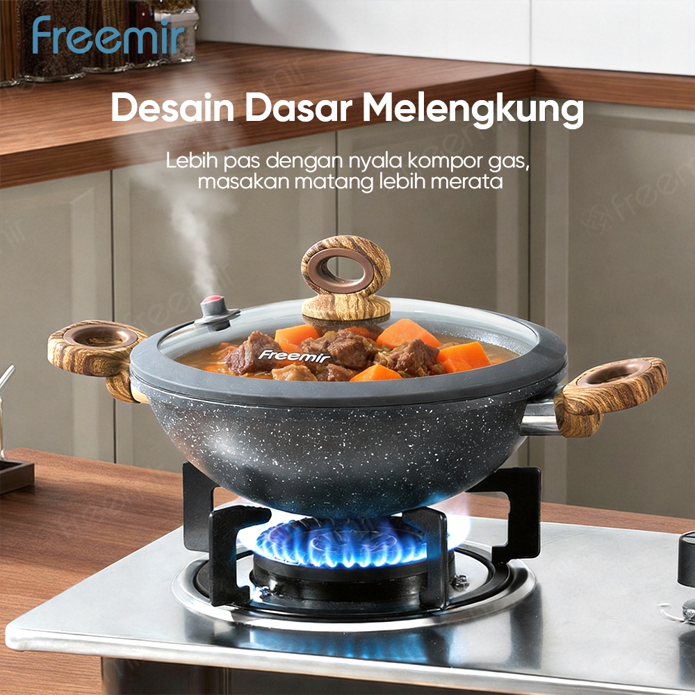 Special freemir Kuali Wajan Anti Lengket Dasar Runcing dengan Tutup Kaca Tekanan Ringan -Pegangan Ga