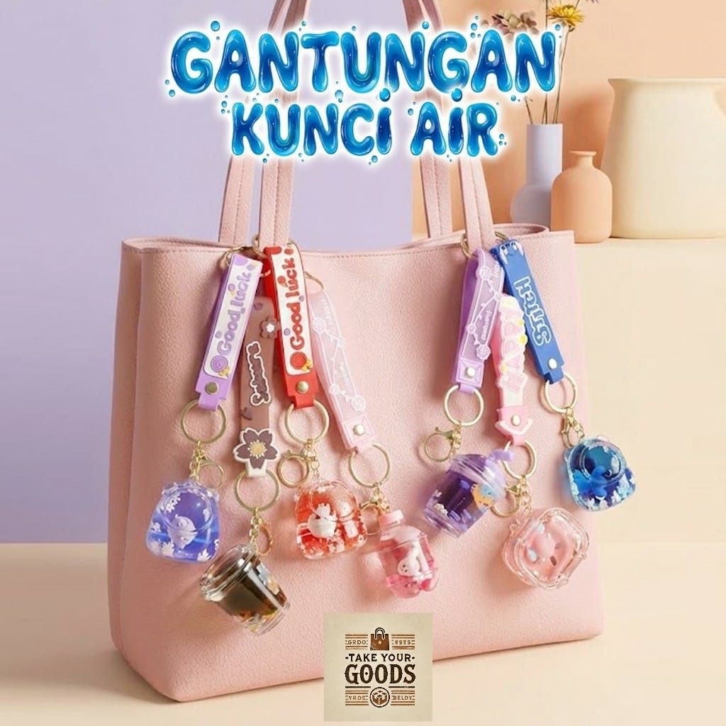 Gantungan Kunci Tas isi Air Glitter Premium Gantungan Kunci Tas Karakter Lucu